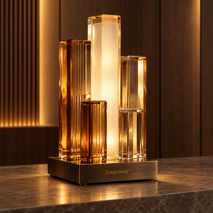 Zenalvorary™ Amber Spire — Sculptural Prism Bedside Lamp